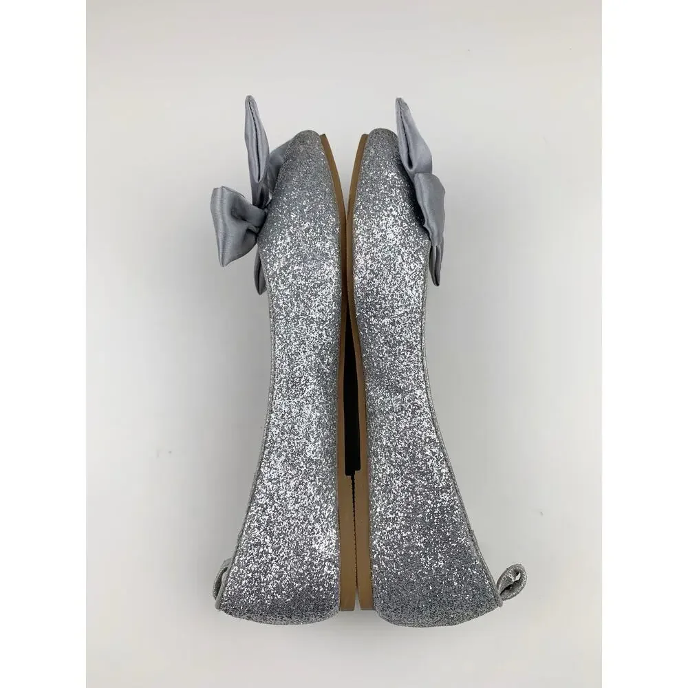 Joyfolie Silver Glitter Penny Flats Slip On Dress Shoes Satin Bow Youth Girls 3